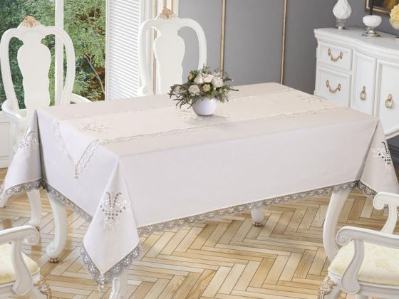 Tulip Embroidered Lacy Table Cloth And Runner 2 Pieces