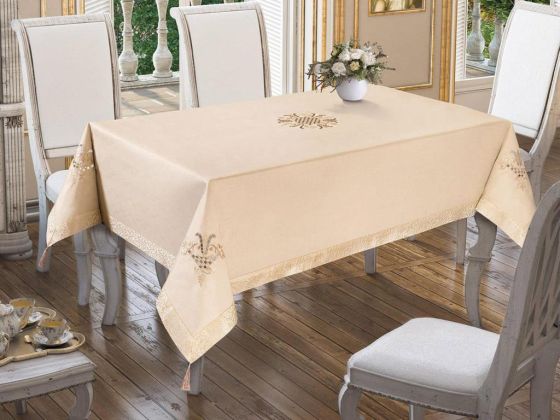 Tulip Embroidered Table Cloth Cappucino Cappucino 160x260cm