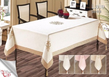 Çeyiz Diyarı - Tulip Embroidered Table Cloth Cream Cappucino 160x260cm Çeyiz Diyarı - Tulip Embroidered Table Cloth Cream Cappucino 160x260cm