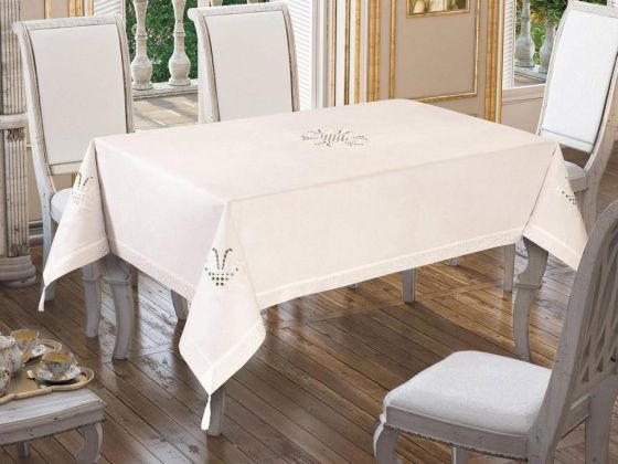 Tulip Embroidered Table Cloth Cream-Cream 160x260cm