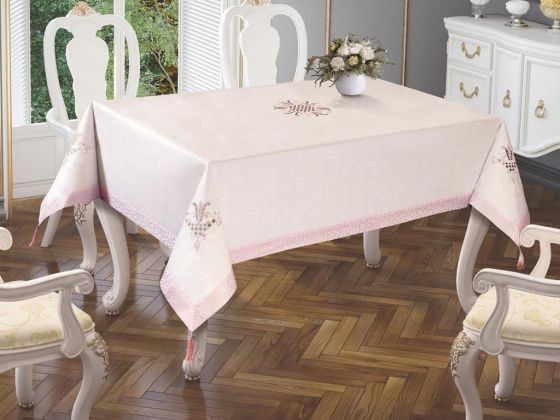 Tulip Embroidered Table Cloth Cream Powder 160x260cm