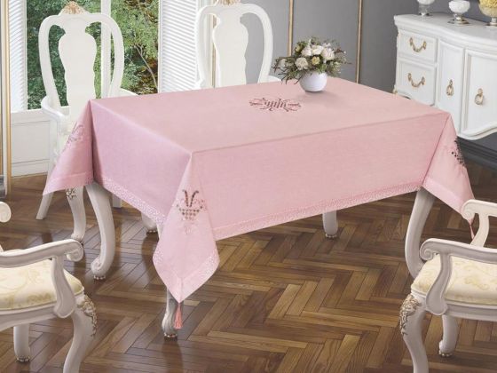 Tulip Embroidered Table Cloth Powder Powder 160x260cm