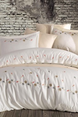 Laleli Embroidered 100% Cotton Sateen, Duvet Cover Set, Duvet Cover 200x220, Sheet 240x260, Double Size, Full Size Ecru - Thumbnail