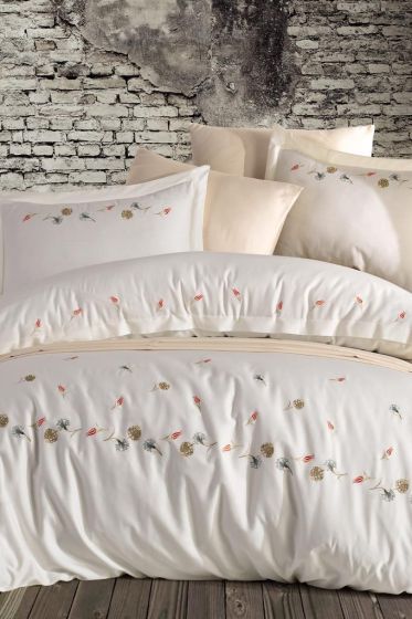 Laleli Embroidered 100% Cotton Sateen, Duvet Cover Set, Duvet Cover 200x220, Sheet 240x260, Double Size, Full Size Ecru