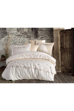 Laleli Embroidered 100% Cotton Sateen, Duvet Cover Set, Duvet Cover 200x220, Sheet 240x260, Double Size, Full Size Ecru - Thumbnail