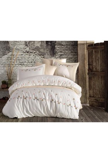 Laleli Embroidered 100% Cotton Sateen, Duvet Cover Set, Duvet Cover 200x220, Sheet 240x260, Double Size, Full Size Ecru