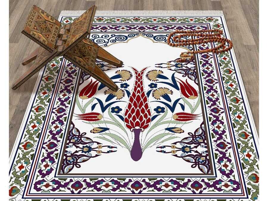 Lalemzar Ebruli Velvet Prayer Rug - Thumbnail