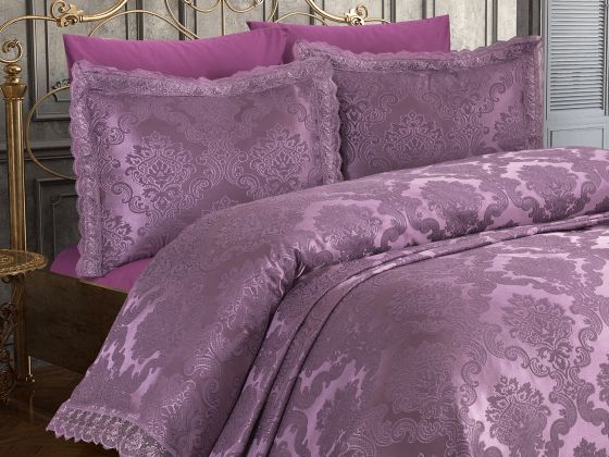  Lalezar طقم غطاء سرير مطرز بالدانتيل الفرنسي لون عنابي
