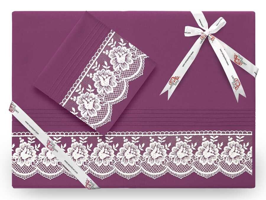 Dowry World - Lalezar Lüxطقم غطاء لحاف مطرز بالتطريز الفرنسي لون البرقوق