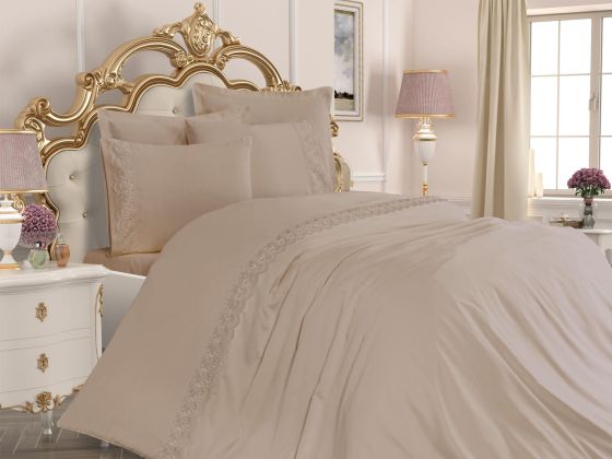  Lalezar Plain French Laced Duvet Cover Set Cappucino