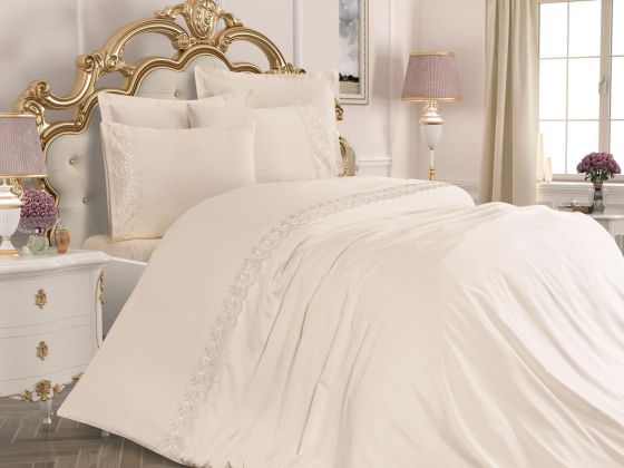  Lalezar Plain French Laced Duvet Cover Set Cream