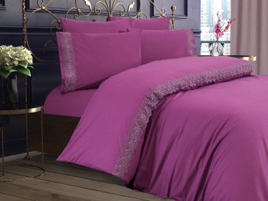  Lalezar Plain French Laced Duvet Cover Set Plum - Thumbnail