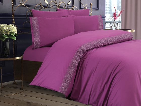  Lalezar Plain French Laced Duvet Cover Set Plum