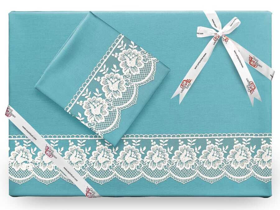 Dowry World - Lalezar Plain French Laced Duvet Cover Set Dark Cyan Dowry World - Lalezar Plain French Laced Duvet Cover Set Dark Cyan