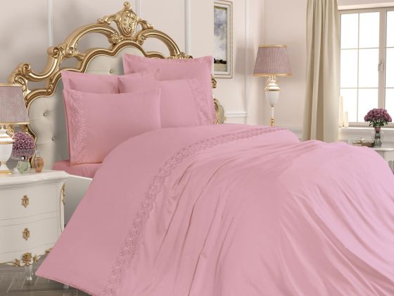 Lalezar Plain French Laced Duvet Cover Set Powder