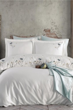Çeyiz Diyarı - Lapis Embroidered 100% Cotton Sateen, Duvet Cover Set, Duvet Cover 200x220, Sheet 240x260, Double Size, Full Size Ecru