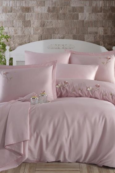 Lapis Embroidered 100% Cotton Sateen, Duvet Cover Set, Duvet Cover 200x220, Sheet 240x260, Double Size, Full Size Pink