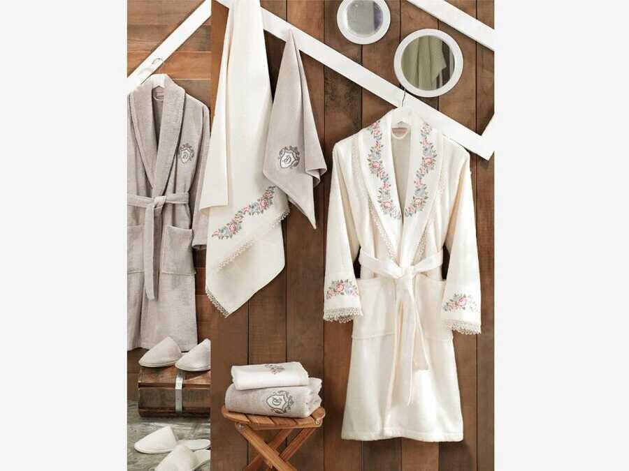  Lara Embroidered Bamboo Bathrobe Set Cream Stone - Thumbnail