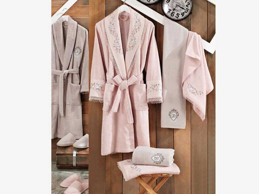 Lara Embroidered Bamboo Bathrobe Set Powder Stone - Thumbnail