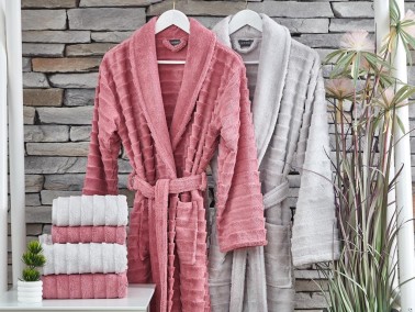 Larin 6 Pcs Combed Cotton Bathrobe Set Dried Rose Gray - Thumbnail