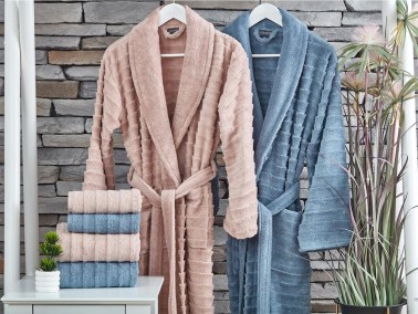 Larin 6 Pcs Combed Cotton Bathrobe Set Powder Blue - Thumbnail