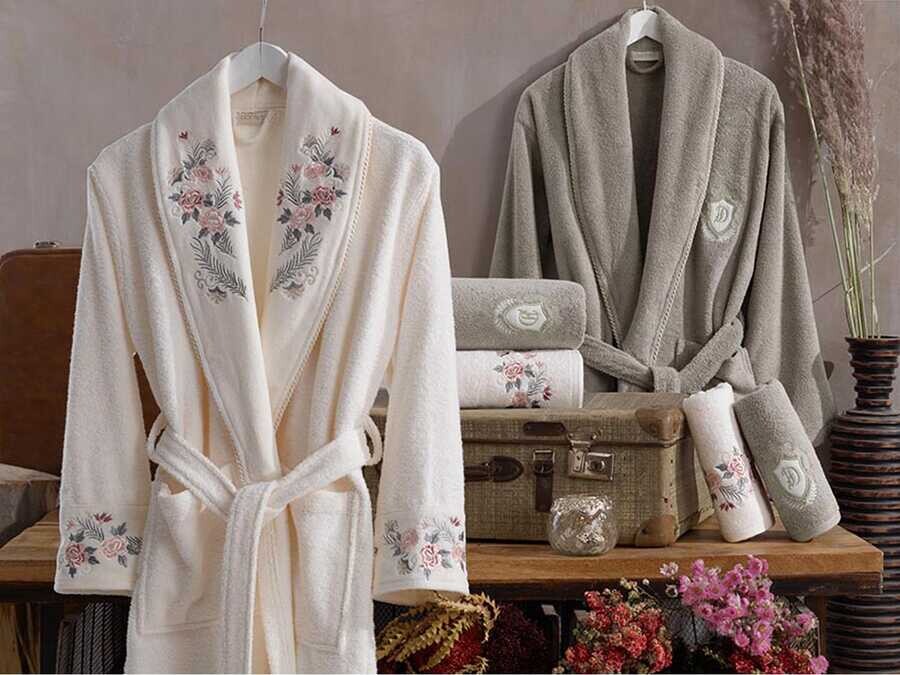  Larosa Luxury Embroidered Cotton Bathrobe Set Cream Beige - Thumbnail