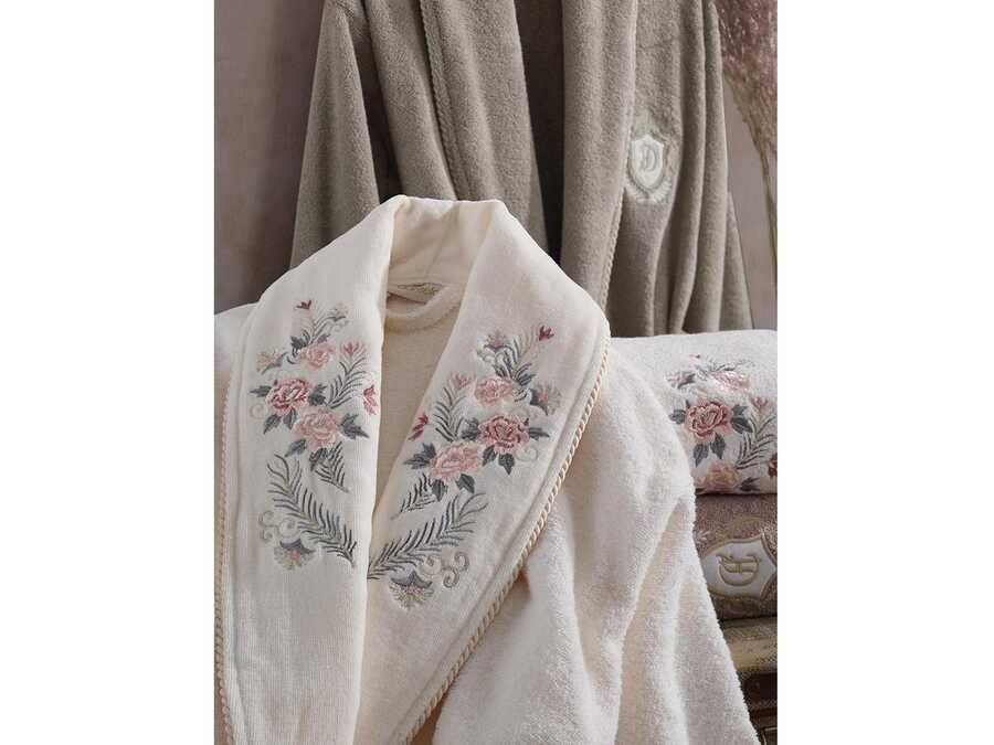  Larosa Luxury Embroidered Cotton Bathrobe Set Cream Beige - Thumbnail