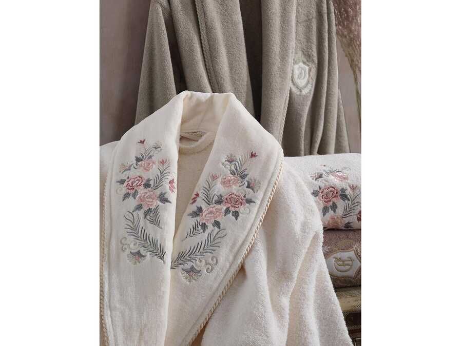  Larosa Luxury Embroidered Cotton Bathrobe Set Cream Beige