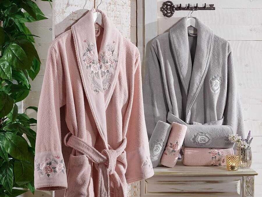  Larosa Luxury Embroidered Cotton Bathrobe Set Powder Gray - Thumbnail