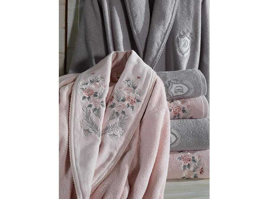  Larosa Luxury Embroidered Cotton Bathrobe Set Powder Gray - Thumbnail
