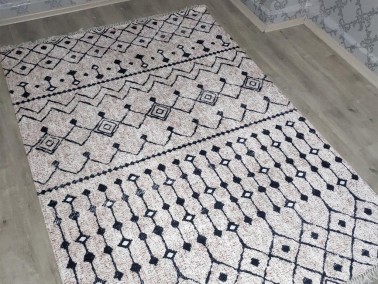 Emma Latex Non-Slip Base Digital Print Velvet Carpet Cream-Black 100x200 cm - Thumbnail