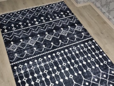 Emma Latex Non-Slip Base Digital Print Velvet Carpet Black-White 100x200 cm - Thumbnail