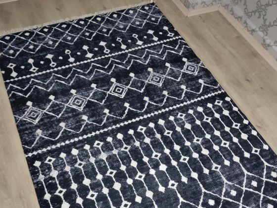 Emma Latex Non-Slip Base Digital Print Velvet Carpet Black-White 80x200 cm