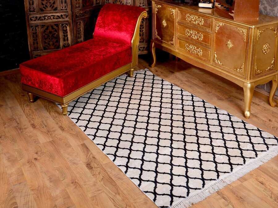 Latex Non-Slip Base Digital Print Velvet Carpet Kupa White-Black 100x200 cm - Thumbnail