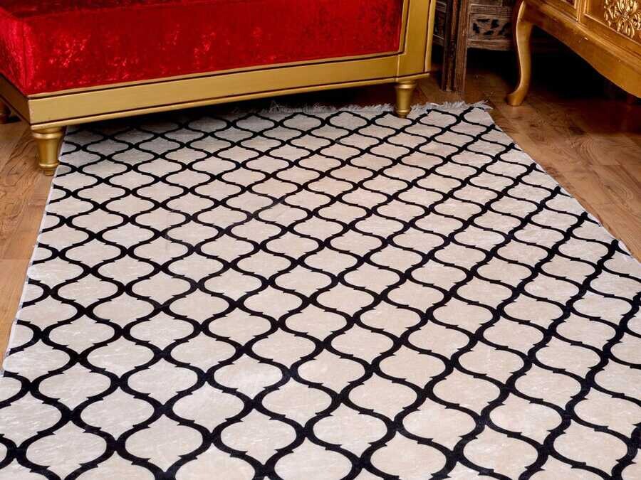 Latex Non-Slip Base Digital Print Velvet Carpet Kupa White-Black 100x200 cm - Thumbnail