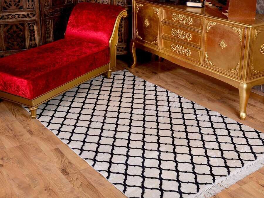 Latex Non-Slip Base Digital Print Velvet Carpet Kupa White-Black 100x300 cm - Thumbnail
