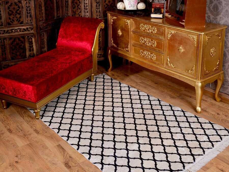 Latex Non-Slip Base Digital Print Velvet Carpet Kupa White- Black 160x230 cm - Thumbnail