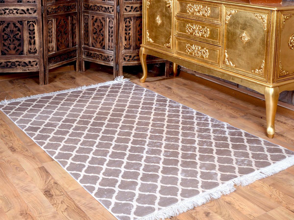 Kupa Latex Non-Slip Base Digital Print Velvet Carpet Camel-White 100x200 cm - Thumbnail