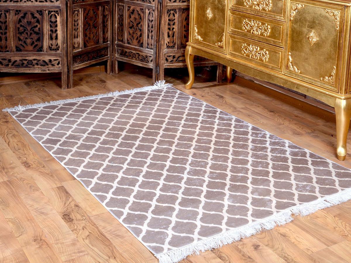Kupa Latex Non-Slip Base Digital Print Velvet Carpet Camel-White 100x200 cm - Thumbnail