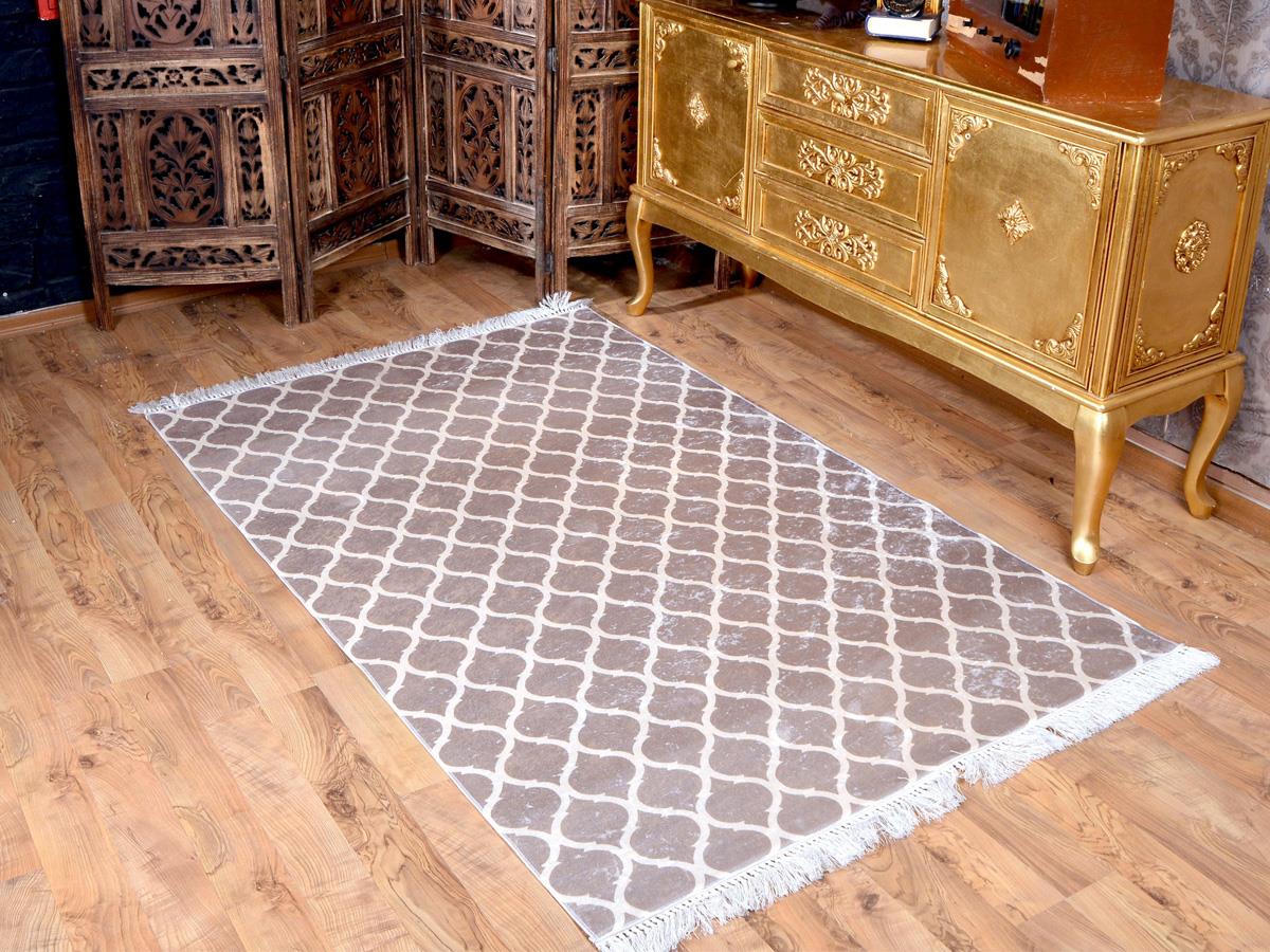 Kupa Latex Non-Slip Base Digital Print Velvet Carpet Camel-White 100x300 cm - Thumbnail