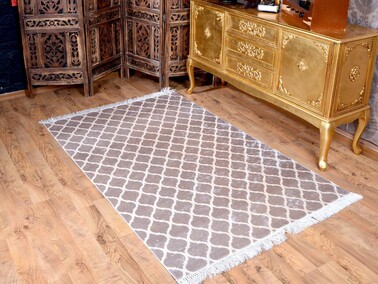 Kupa Latex Non-Slip Base Digital Print Velvet Carpet Camel-White 180x280 cm - Thumbnail