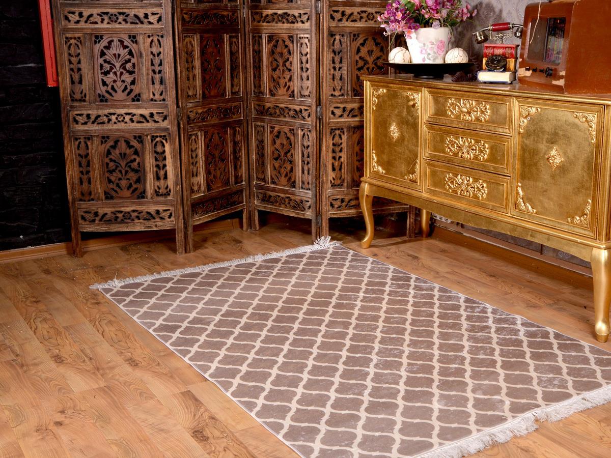 Kupa Latex Non-Slip Base Digital Print Velvet Carpet Camel-White 80x300 cm - Thumbnail