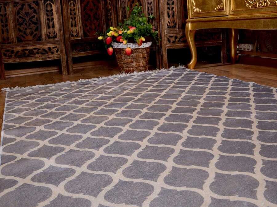 Latex Non-Slip Base Digital Print Velvet Carpet Kupa Gray-White 100x200 cm - Thumbnail