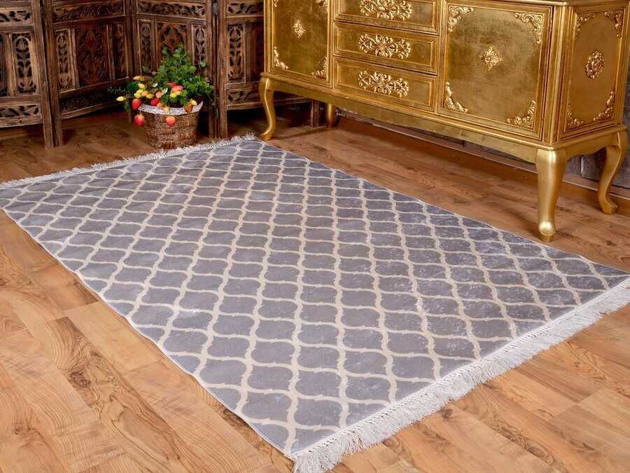 Latex Non-Slip Base Digital Print Velvet Carpet Kupa Gray-White 100x200 cm