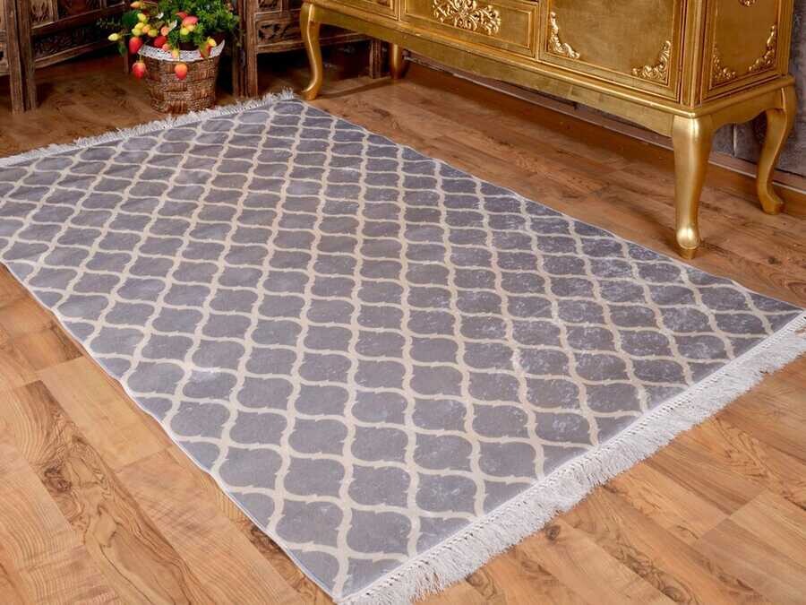 Latex Non-Slip Base Digital Print Velvet Carpet Kupa Gray-White 100x200 cm - Thumbnail