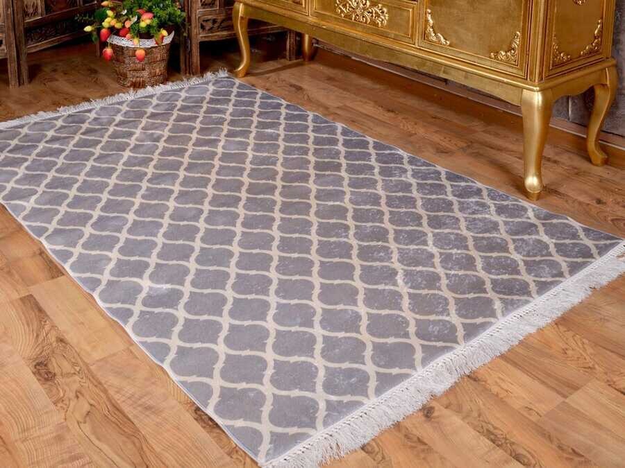Latex Non-Slip Base Digital Print Velvet Carpet Kupa Gray-White 100x300 cm - Thumbnail
