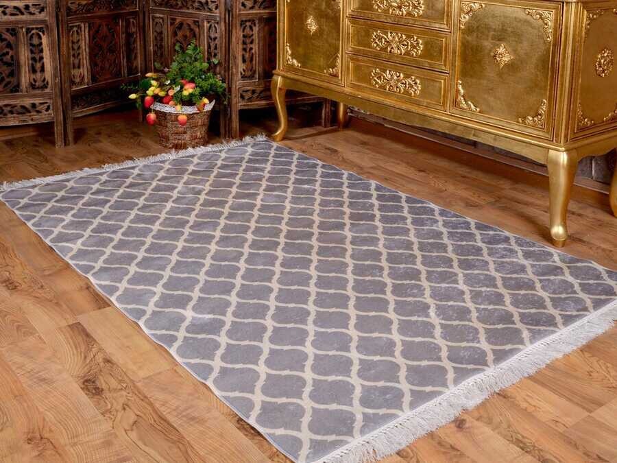 Latex Non-Slip Base Digital Print Velvet Carpet Kupa Gray-White 100x300 cm - Thumbnail