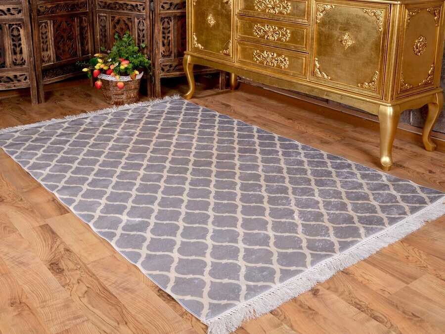 Latex Non-Slip Base Digital Print Velvet Carpet Kupa Gray-White 80x150 cm - Thumbnail