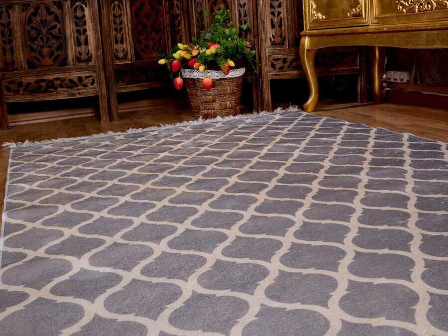 Latex Non-Slip Base Digital Print Velvet Carpet Kupa Gray-White 80x200 cm - Thumbnail