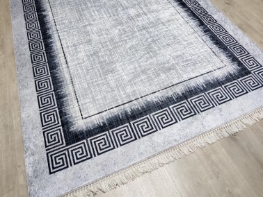 Nora Latex Non-Slip Base Digital Print Velvet Carpet Grey-White 100x200 cm - Thumbnail